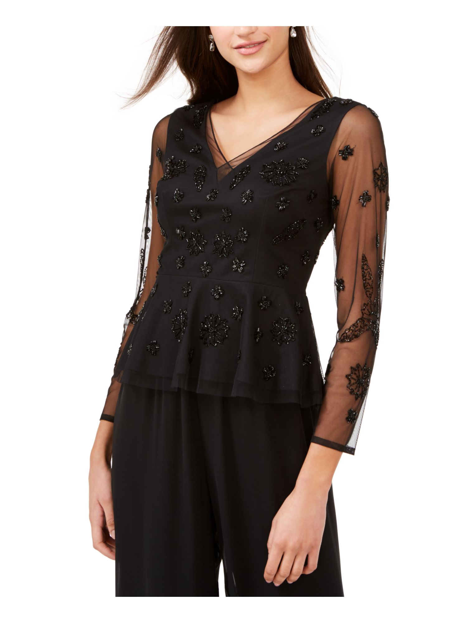 ADRIANNA PAPELL $149 Womens New Black Beaded V Neck Long Sleeve Top 4 B+B